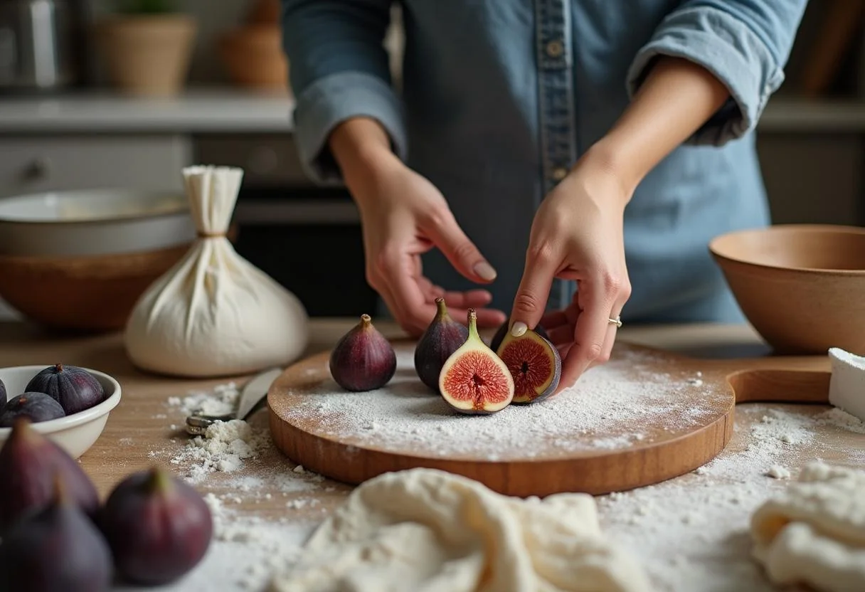 Préparation des figues fraîches sur une planche à découper pour le gâteau aux figues, mettant en valeur les ingrédients et les ustensiles de cuisine.
