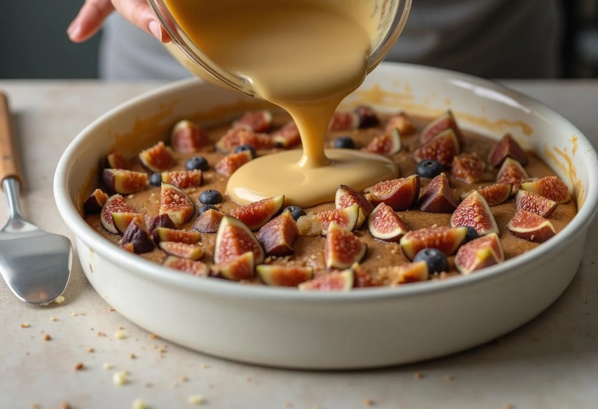 Verser la pâte à gâteau aux figues dans un moule, montrant l'ajout de figues hachées pour enrichir la saveur du gâteau.