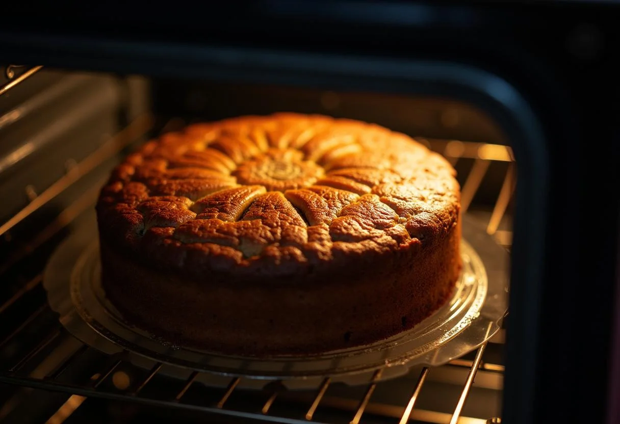 Gâteau aux figues en train de cuire au four, révélant une croûte dorée qui promet une saveur riche et sucrée.