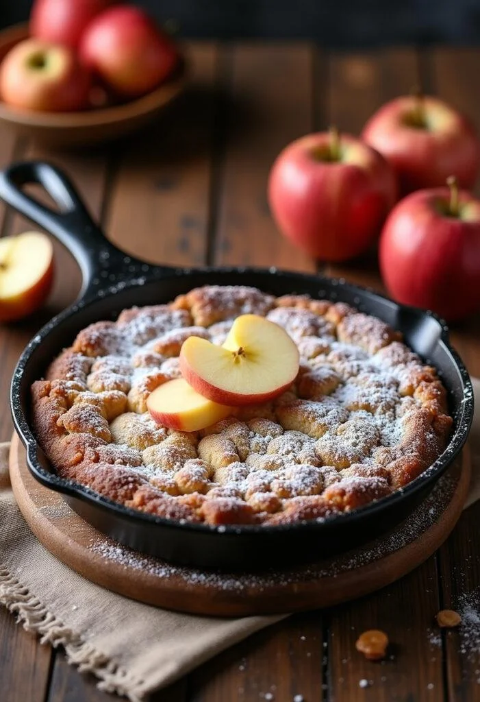 Gâteau aux pommes à la poêle parfaitement préparé, garni de sucre glace et de tranches de pommes fraîches, idéal pour une délicieuse présentation.