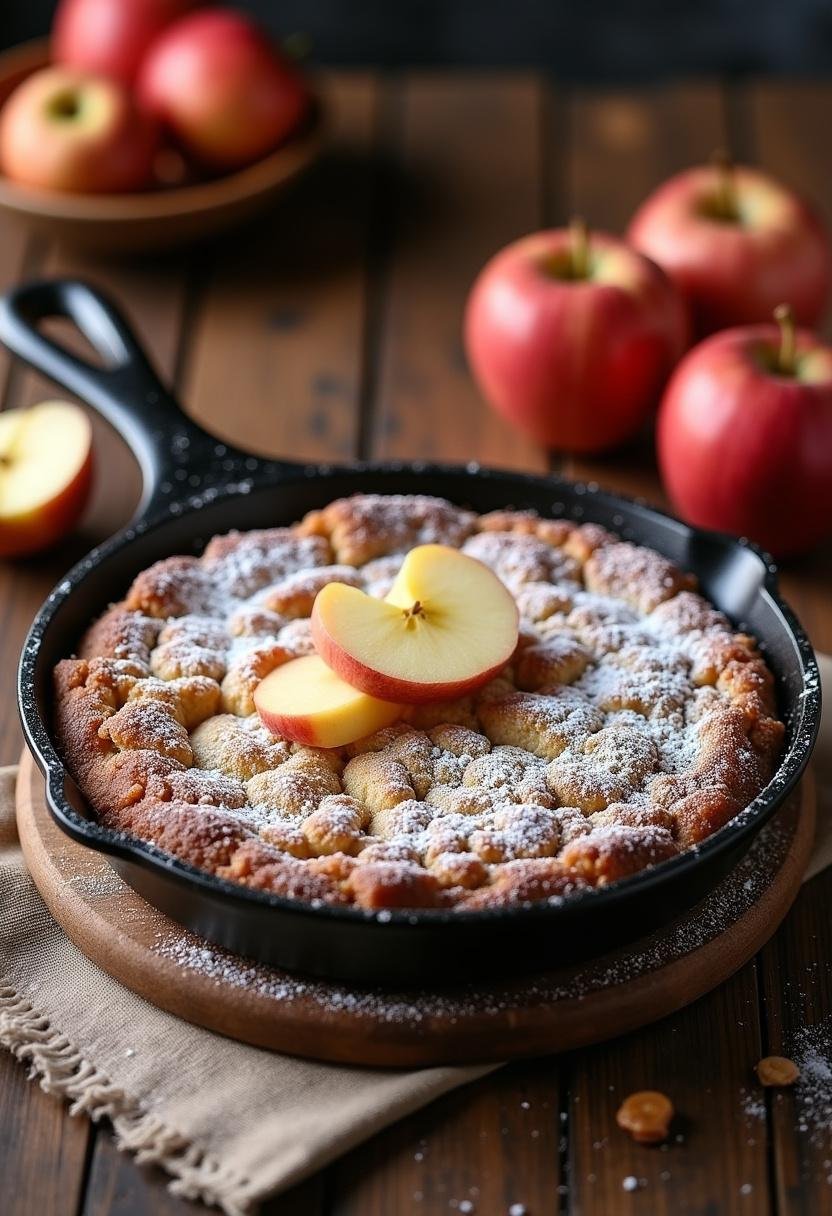 Gâteau aux pommes à la poêle parfaitement préparé, garni de sucre glace et de tranches de pommes fraîches, idéal pour une délicieuse présentation.