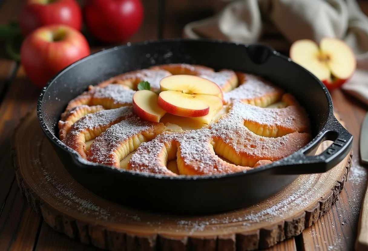 Gâteau aux pommes à la poêle parfaitement préparé, garni de sucre glace et de tranches de pommes fraîches, idéal pour une délicieuse présentation.