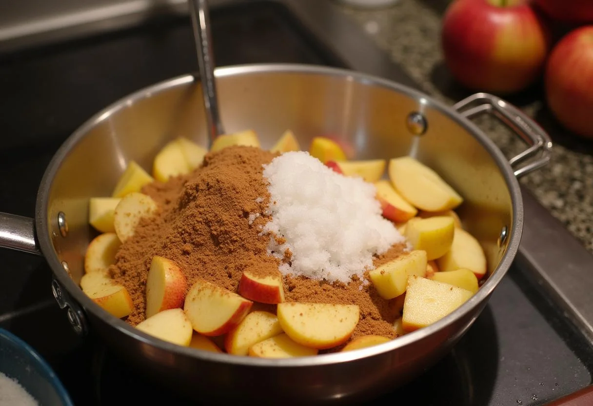 Préparation des ingrédients pour un gâteau aux pommes à la poêle: pommes tranchées, sucre et cannelle dans un bol de mélange.