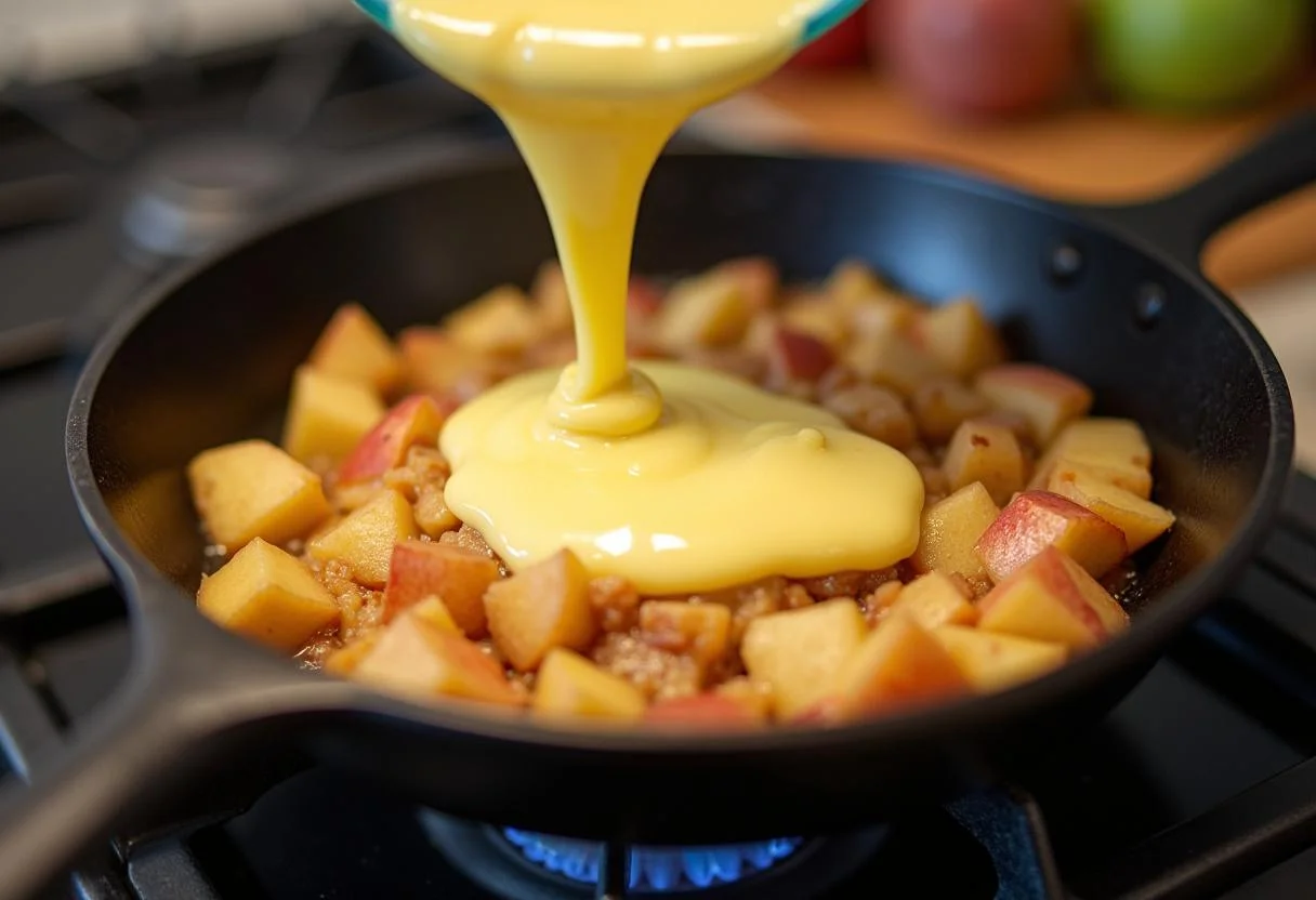 Verser le mélange de pommes dans une poêle chaude pour un gâteau aux pommes à la poêle bien doré.