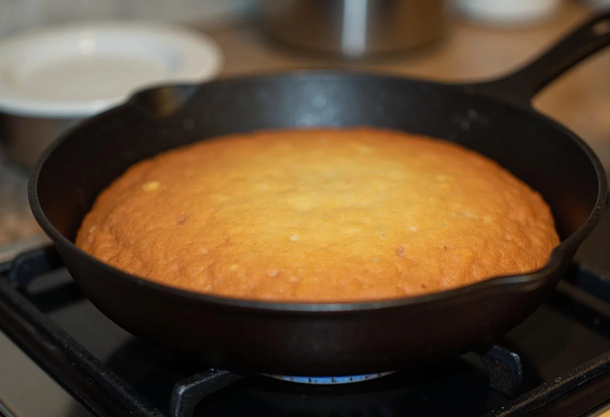 Cuisson du gâteau aux pommes à la poêle avec un couvercle pour une cuisson homogène et une odeur délicieuse.