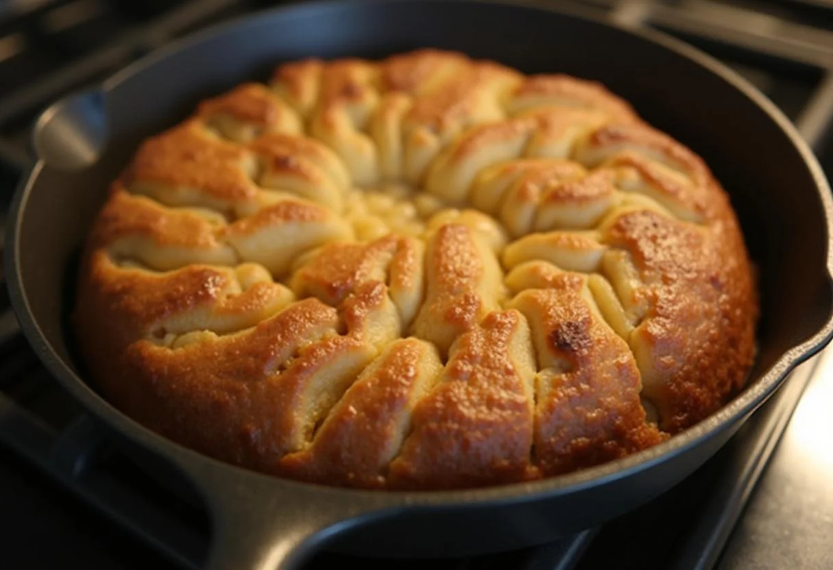 Le gâteau aux pommes à la poêle est doré et prêt à être retourné sur une assiette pour la présentation.