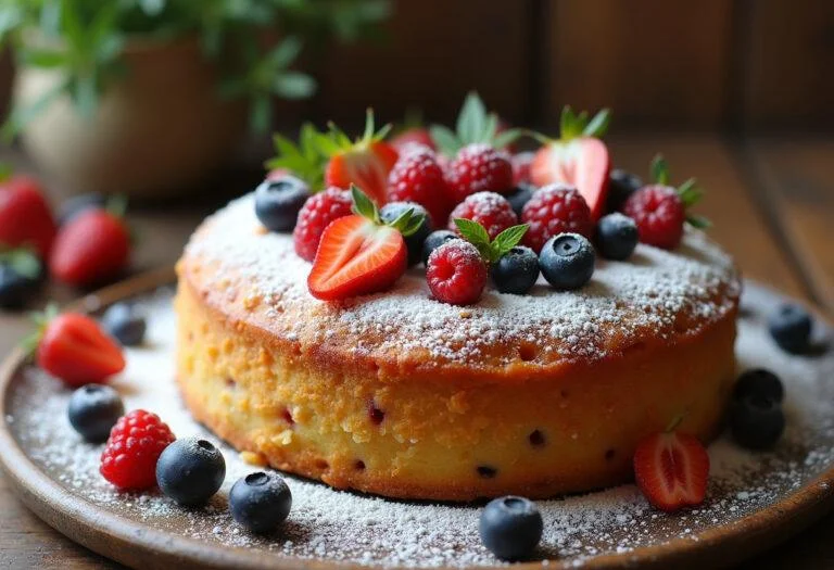 Gâteau italien traditionnel élégamment présenté, représentant les meilleures pâtisseries italiennes sur une table rustique.