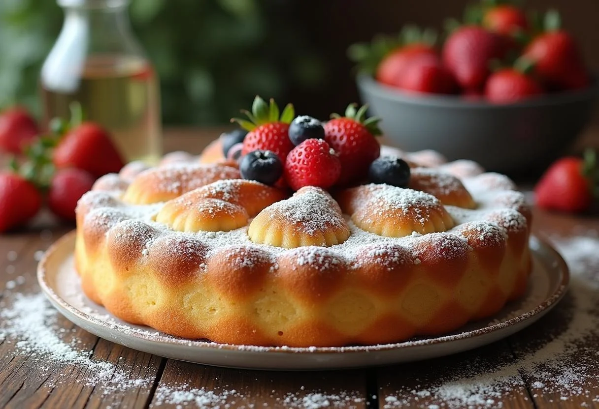Gâteau italien traditionnel élégamment présenté, représentant les meilleures pâtisseries italiennes sur une table rustique.