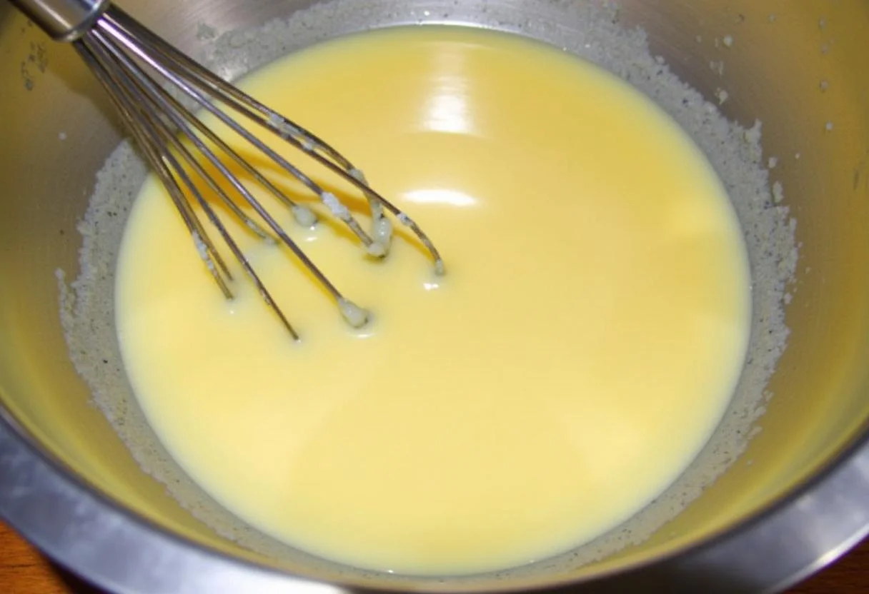 Préparation du mélange humide pour les gâteaux traditionnels italiens avec des œufs, du lait et du beurre fondu.