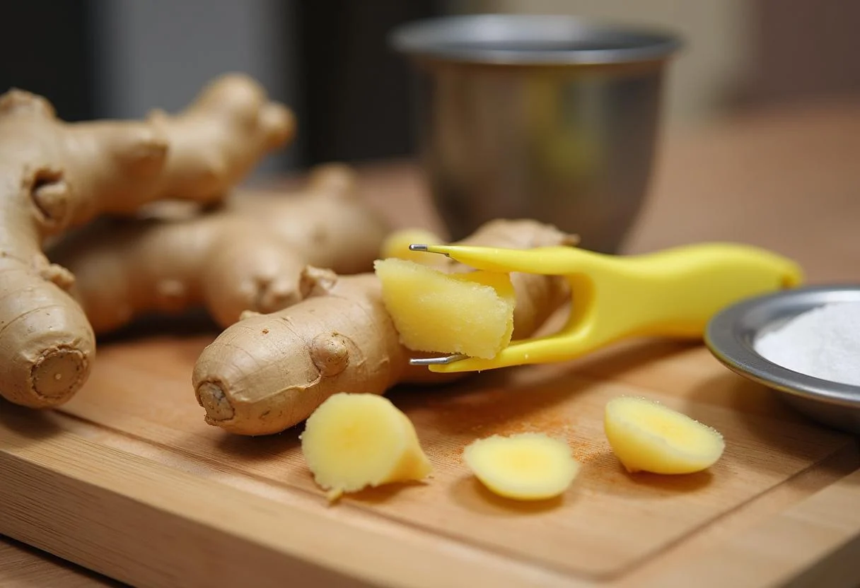 Périlleux gingembre frais pelé pour la préparation du gingembre confit, mettant en évidence les bienfaits du gingembre confit.