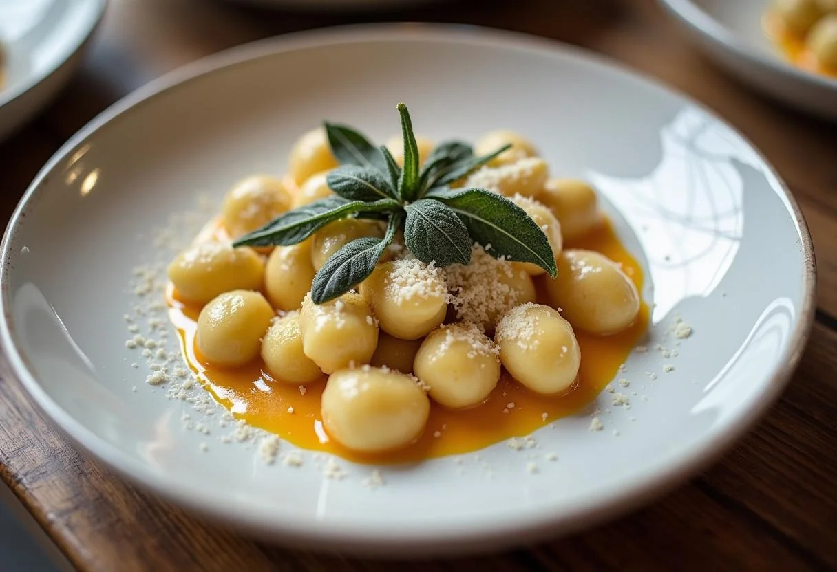 Servi des gnocchis au potiron accompagnés d'une sauce à la sauge, un plat délicieux et réconfortant.