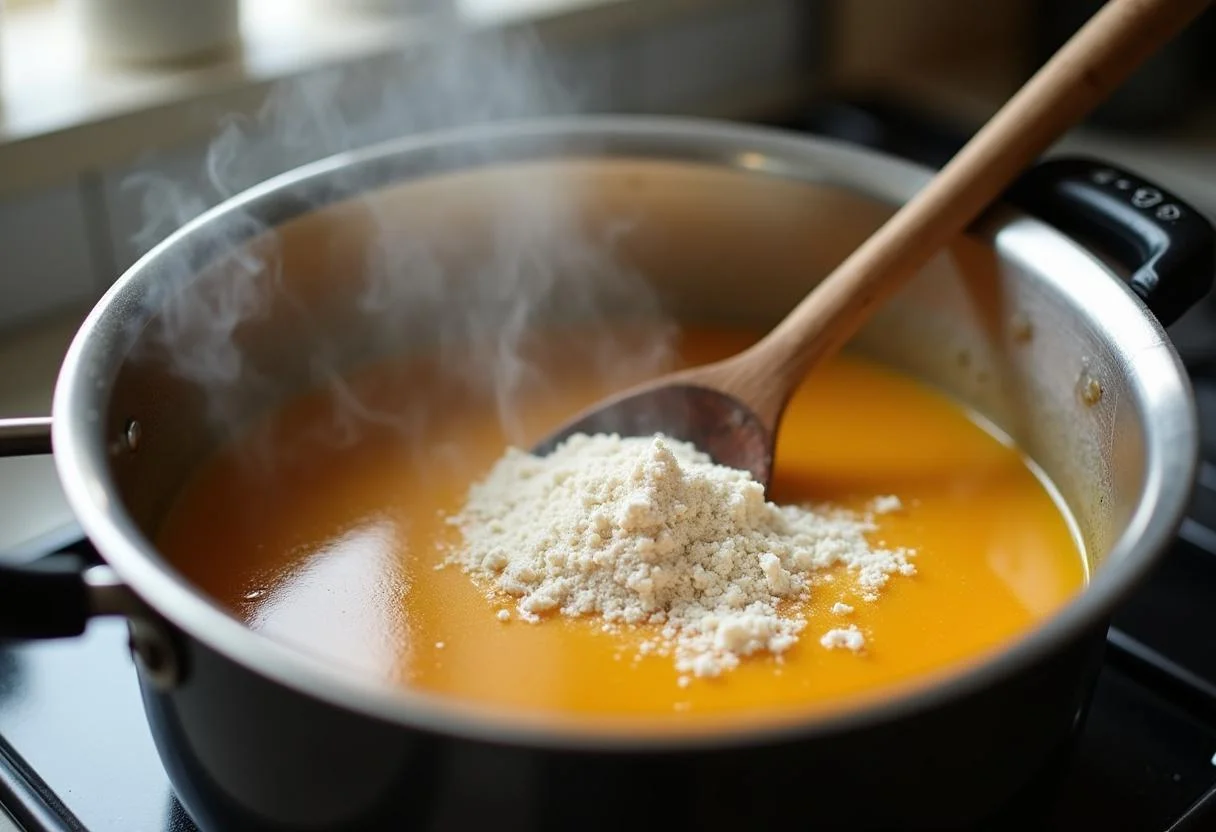Mélange d'ingrédients pour les gnocchis au potiron dans un bol, avec une casserole d'eau bouillante à l'arrière-plan.