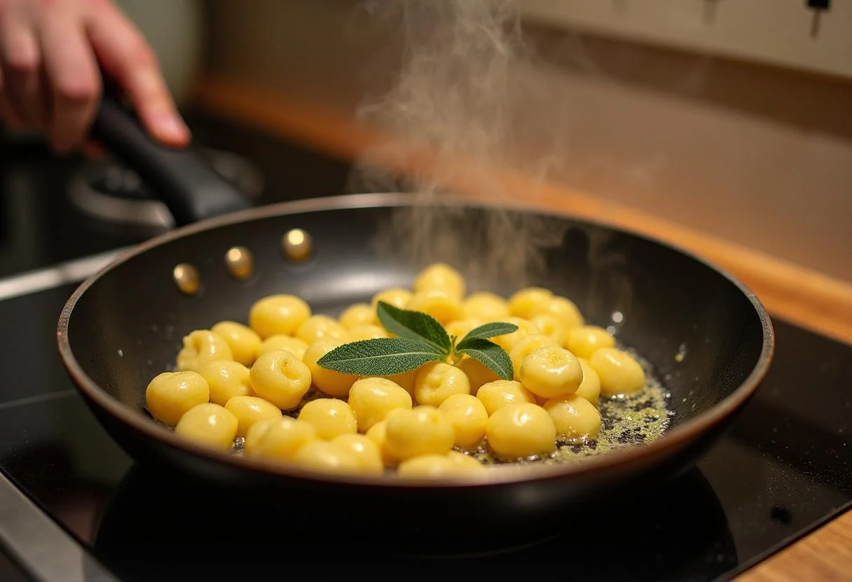 Gnocchis au potiron cuits dans une poêle avec du beurre et de la sauge, ajoutant de la saveur au plat.