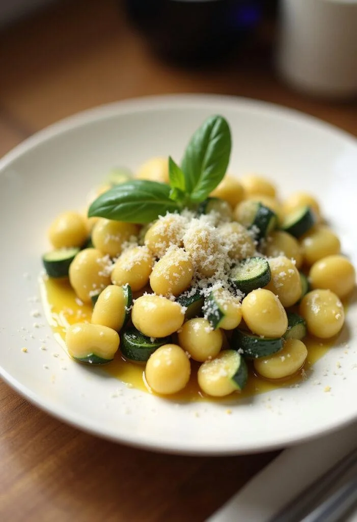 Présentation finale des gnocchis aux courgettes poêlés avec du basilic frais et du parmesan, un plat délicieux.