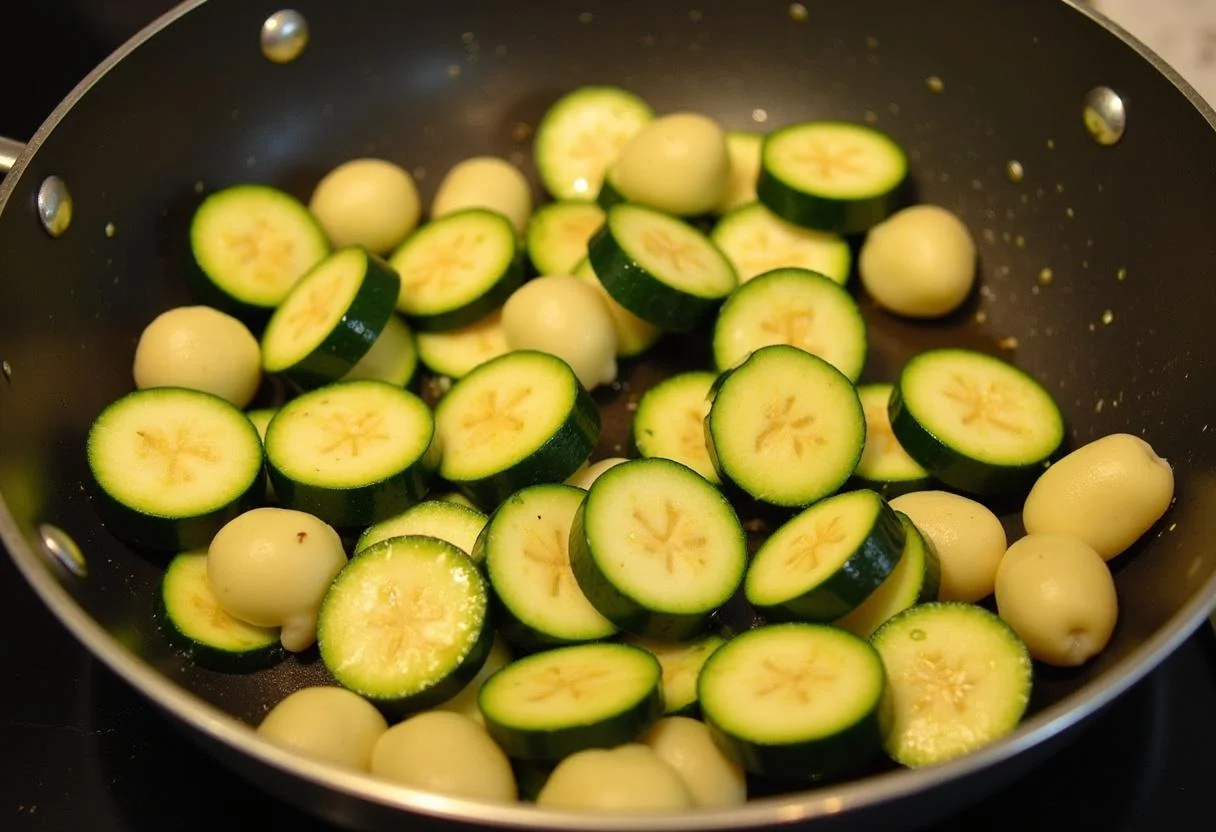 Sauté de courgettes avec de l'ail dans une poêle, puis incorporation des gnocchis pour un goût savoureux.