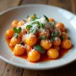 Gnocchis de patate douce moelleux présentés dans une assiette avec sauce, herbes et fromage râpé.