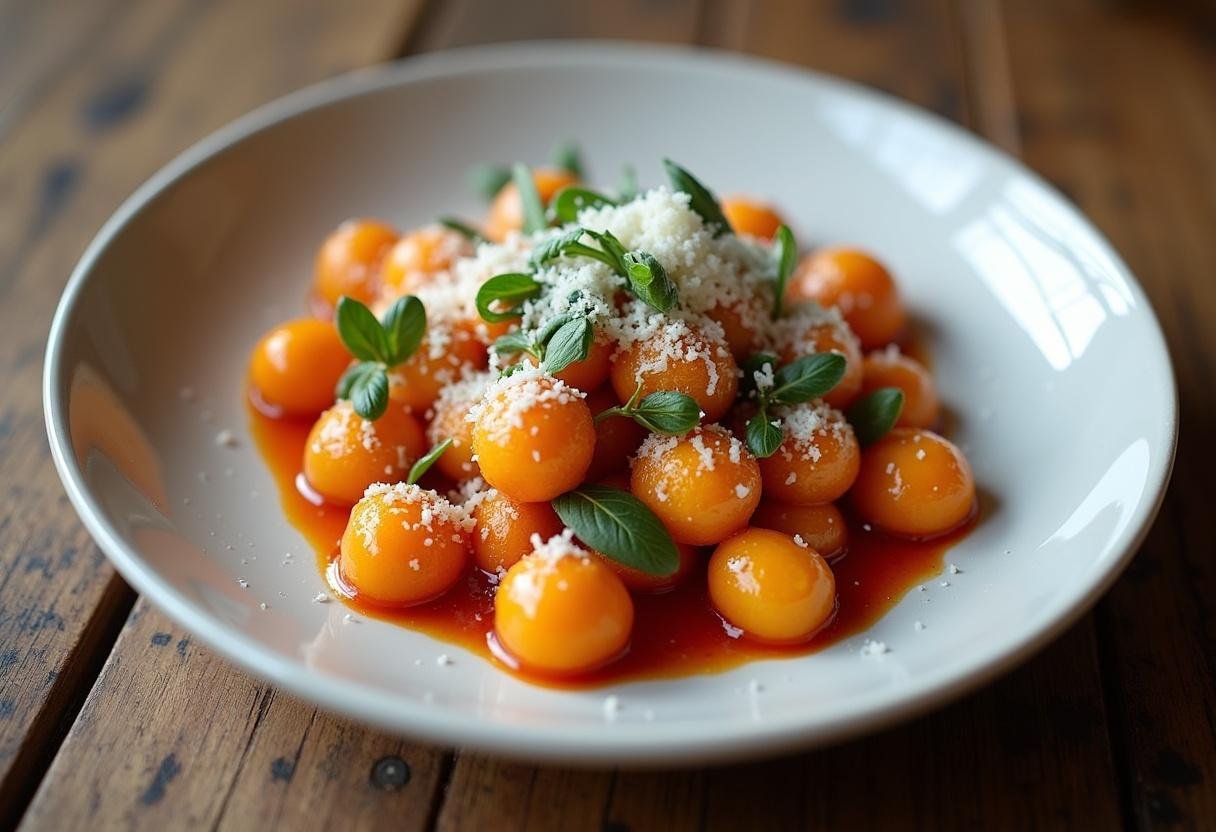 Gnocchis de patate douce moelleux présentés dans une assiette avec sauce, herbes et fromage râpé.