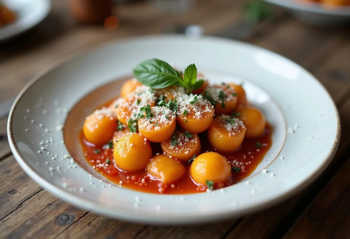 Gnocchis de patate douce moelleux présentés dans une assiette avec sauce, herbes et fromage râpé.