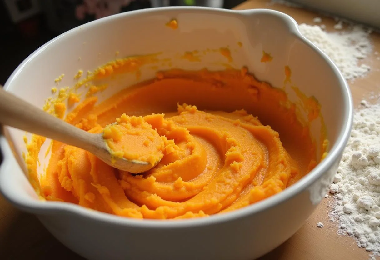 Écraser les patates douces cuites dans un grand bol pour préparer la recette des gnocchis moelleux.