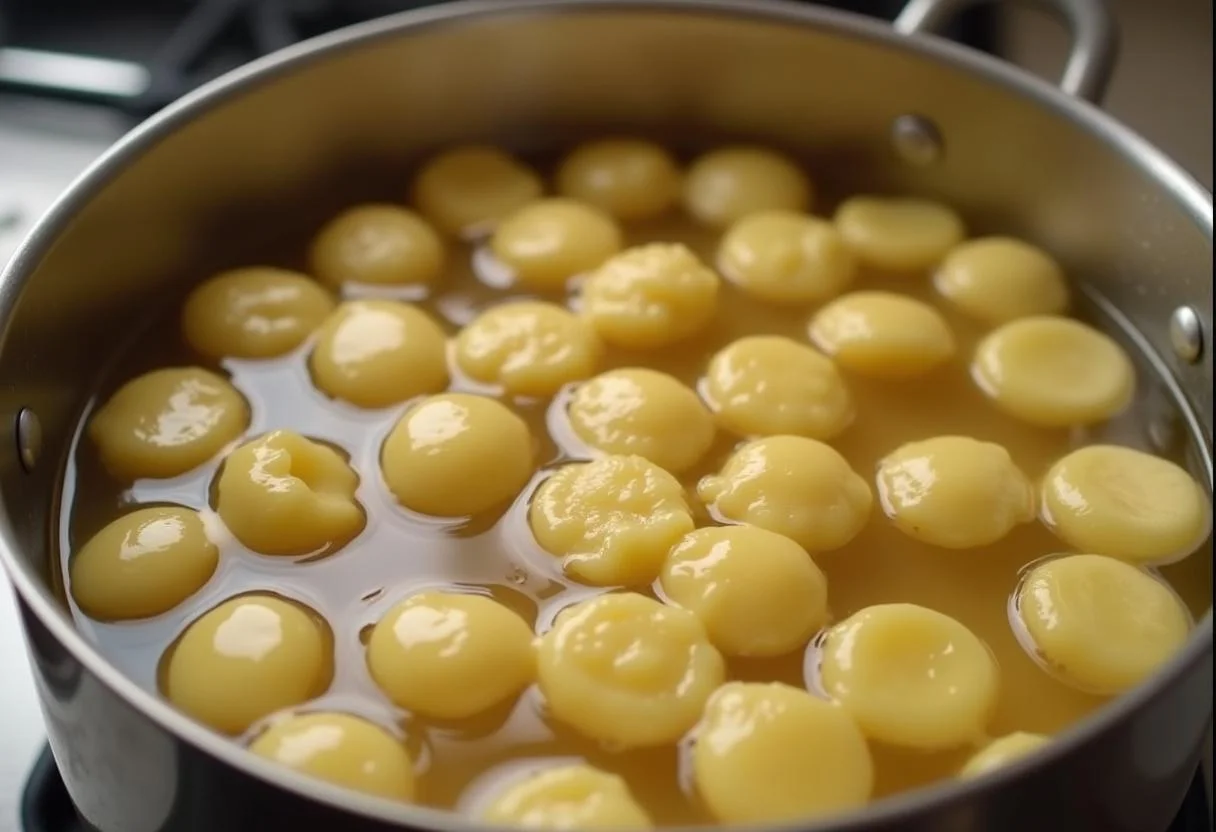 Cuisson des gnocchis de patate douce dans une casserole d'eau bouillante, un processus clé de la recette.