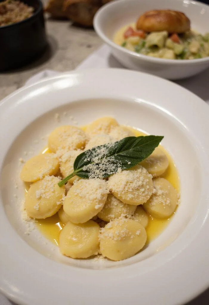 Finished Gnocchis Maison served with Parmesan and sage, perfect for an Italian meal.