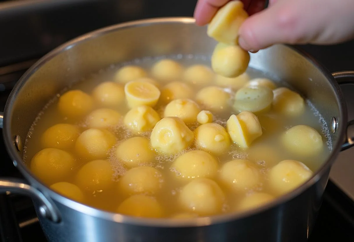 Boiling water with gnocchi being added for cooking in Gnocchis Maison recipe.