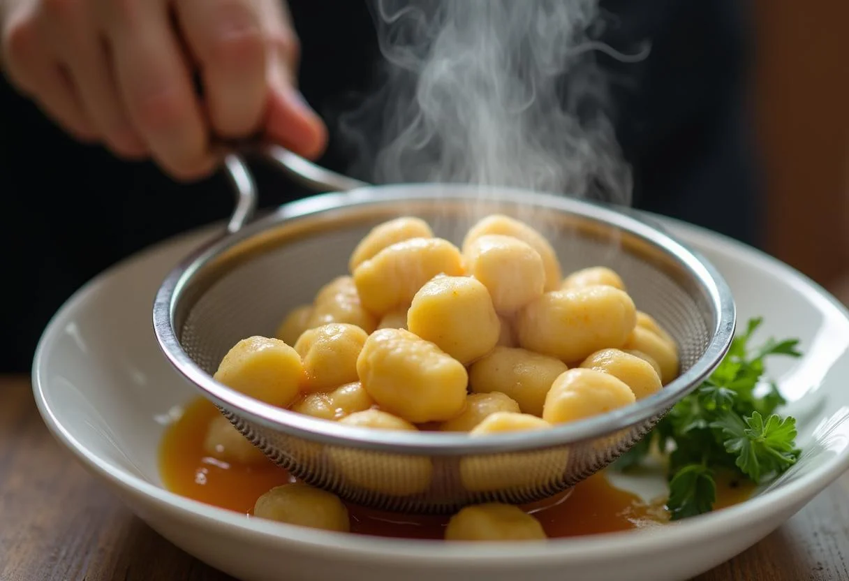 Draining cooked gnocchi using a strainer for Gnocchis Maison preparation.