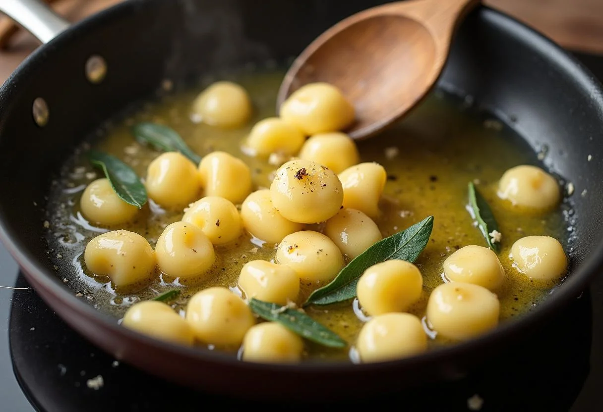 Gnocchi sautéed in butter and sage in a skillet for Gnocchis Maison.