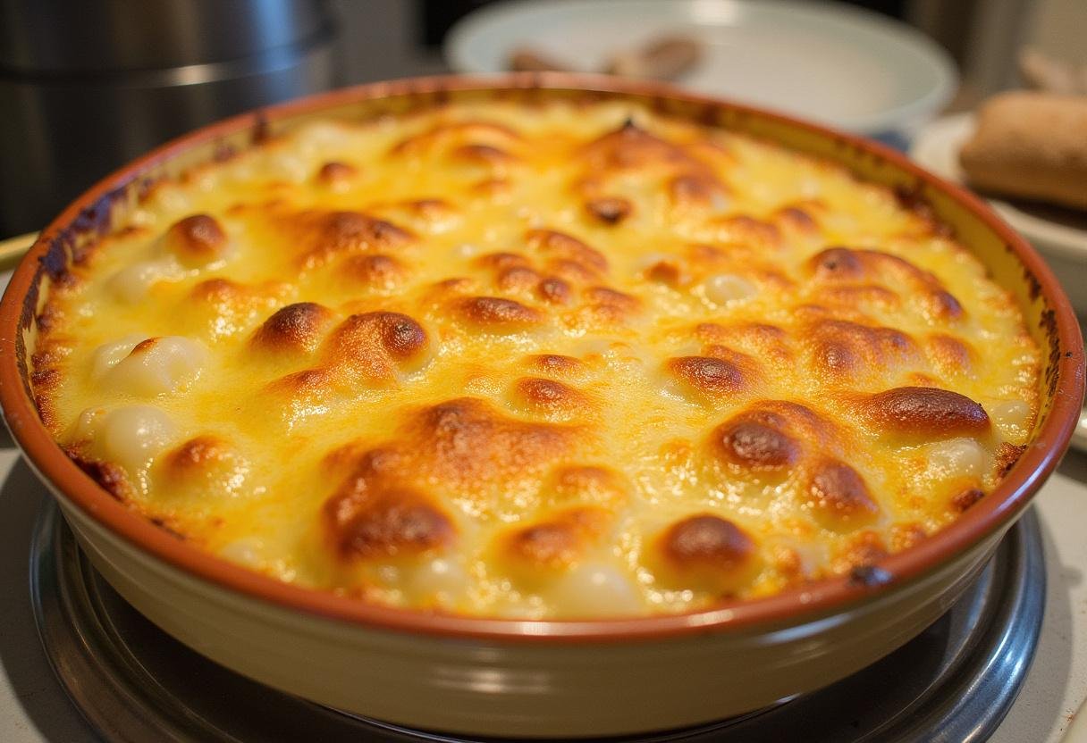 Gratin dauphinois patate douce parfaitement cuit, doré et appétissant, prêt à être dégusté avec des couches de patates douces et pommes de terre.