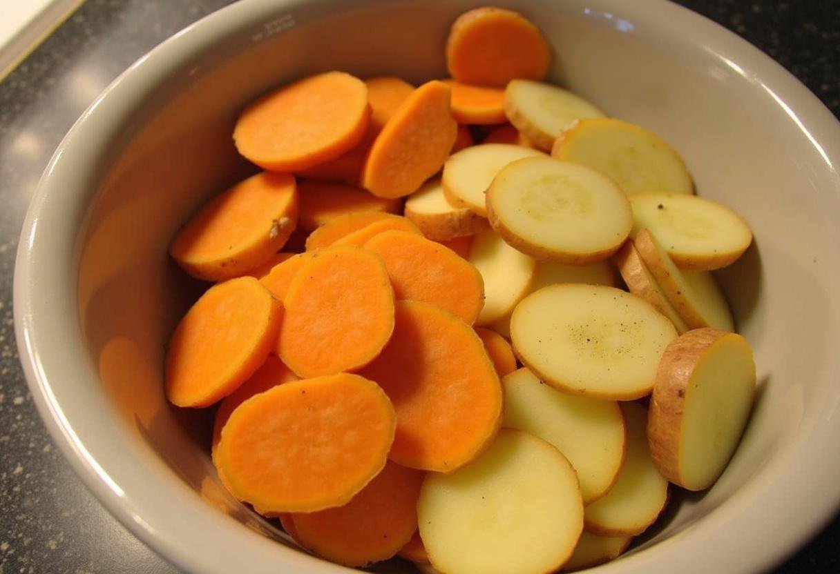 Préparation du gratin de patate douce et pomme de terre, tranchage des pommes de terre et patates douces à l'aide d'une mandoline, assaisonnement avec du sel et du poivre.