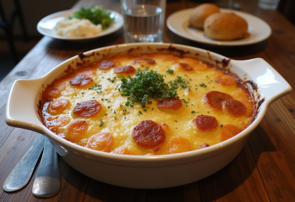 Gratin de pommes de terre au lard parfaitement cuit, doré et appétissant, présenté dans un plat élégant sur une table rustique.