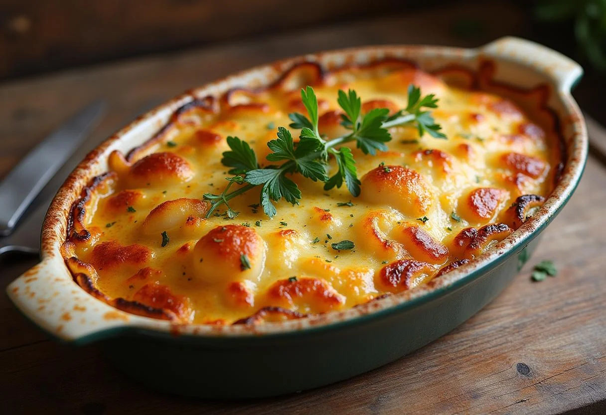 Gratin de pommes de terre au lard parfaitement cuit, doré et appétissant, présenté dans un plat élégant sur une table rustique.