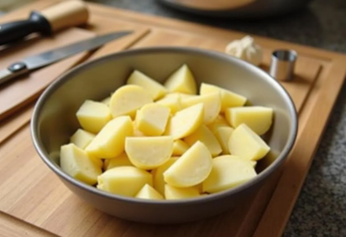 Préparation des pommes de terre tranchées pour un gratin de pommes de terre au lard, avec des ustensiles de cuisine en arrière-plan.