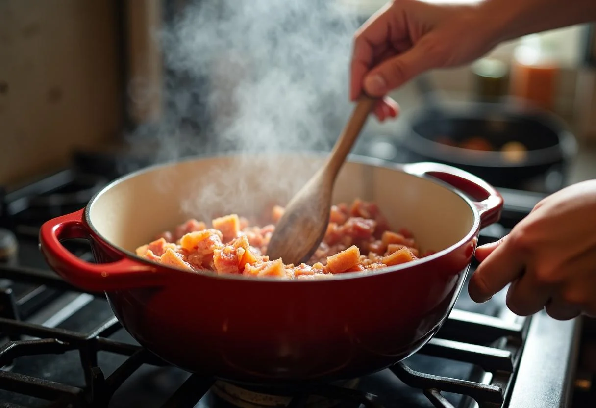 Cuisson des lardons pour le gratin de pommes de terre aux lardons, montrant une poêle sur le feu avec de la vapeur qui s'échappe.