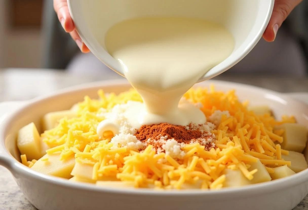 Préparation de la sauce crémeuse pour le gratin de pommes de terres aux lardons, versée sur les pommes de terre en couches.
