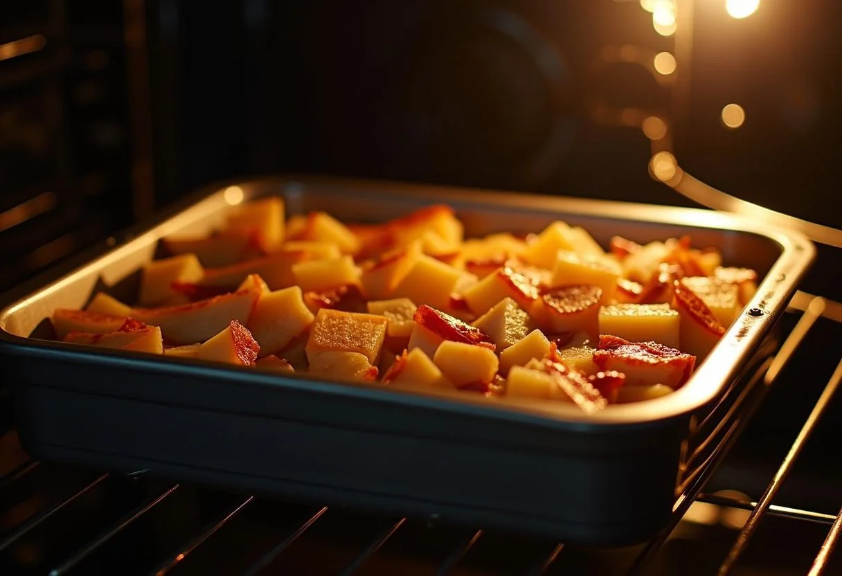 Gratin de pommes de terre aux lardons prêt à être cuit, placé dans le four pour une cuisson parfaite.