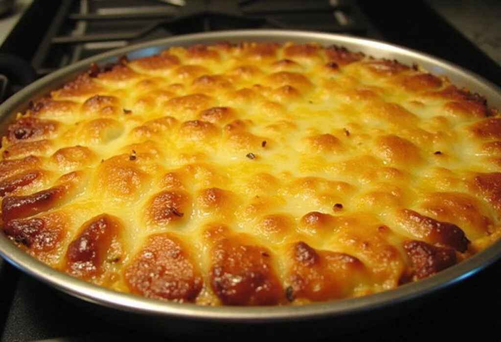 Un gratin de pâtes au poulet doré et croustillant sortant du four, prêt à être servi et dégusté.