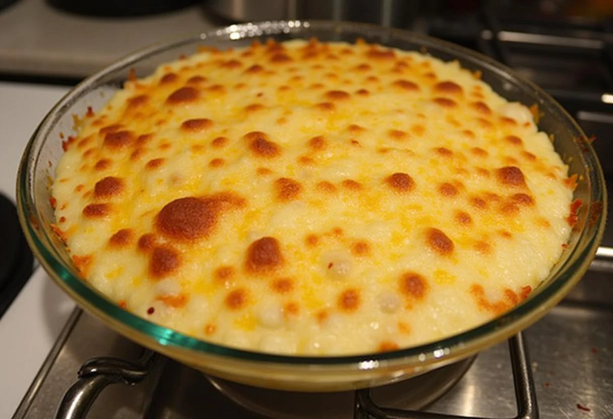 Un gratin de pâtes au poulet doré et croustillant sortant du four, prêt à être servi et dégusté.