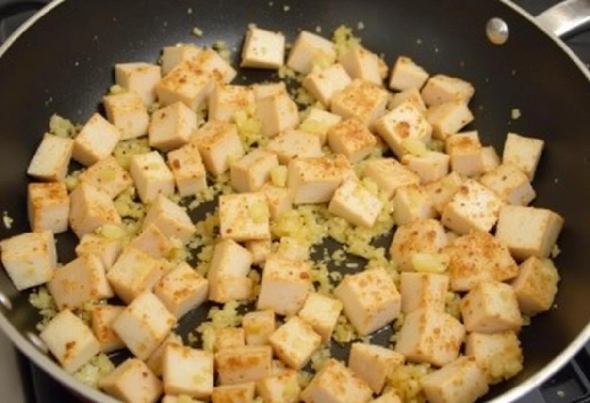 Faire sauter des morceaux de poulet dorés avec des oignons et de l'ail pour un délicieux gratin de pâtes au poulet.