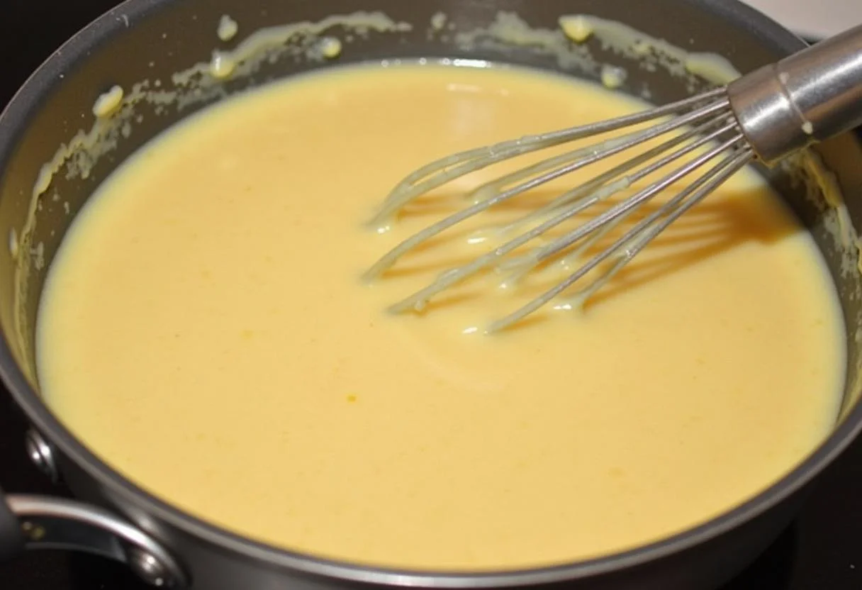 Préparer une sauce béchamel onctueuse en faisant fondre le beurre et en ajoutant de la farine pour le gratin de pâtes au poulet.