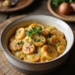 Finished Gratin de Pommes de Terre, perfectly golden and garnished, ideal for a comforting meal.