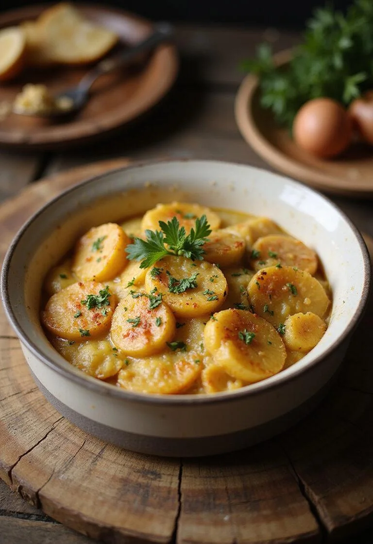 Finished Gratin de Pommes de Terre, perfectly golden and garnished, ideal for a comforting meal.