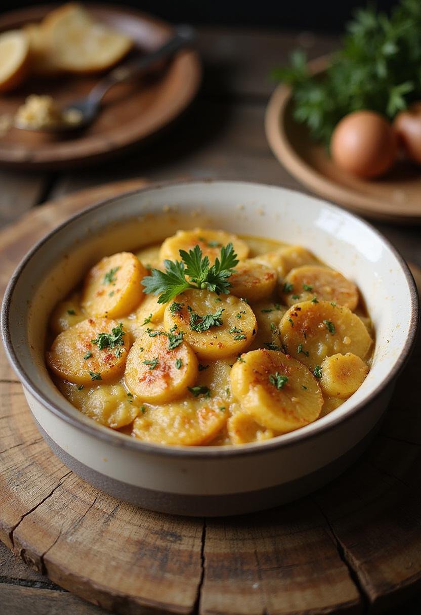 Finished Gratin de Pommes de Terre, perfectly golden and garnished, ideal for a comforting meal.