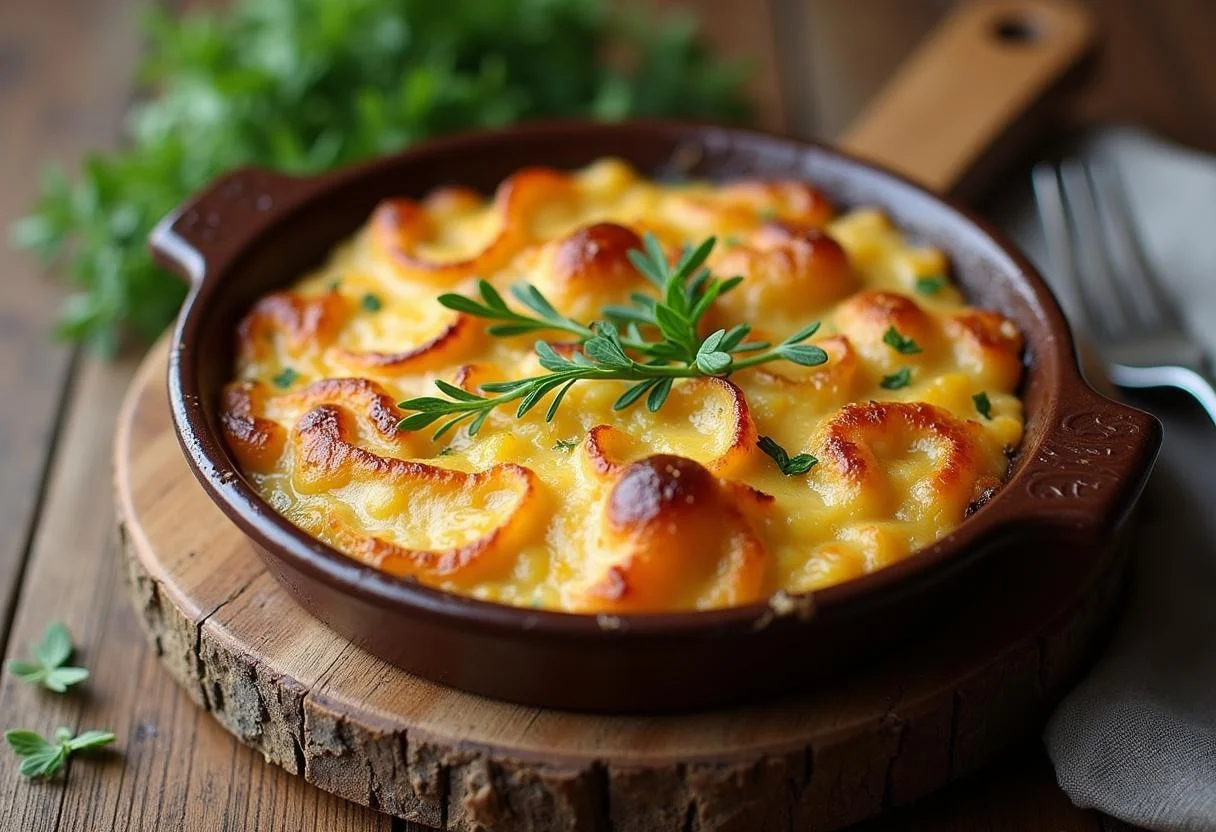 Finished Gratin de Pommes de Terre, perfectly golden and garnished, ideal for a comforting meal.