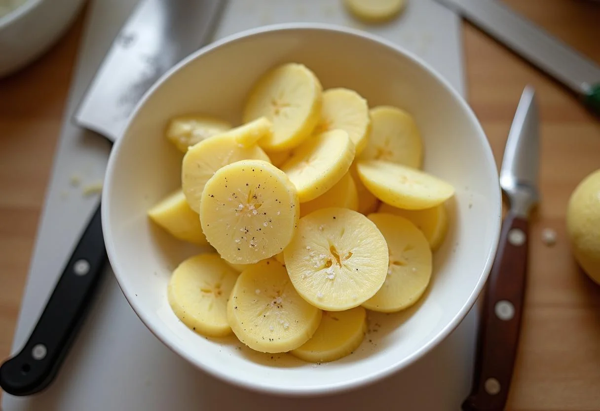 Thinly sliced potatoes seasoned for Gratin de Pommes de Terre preparation.