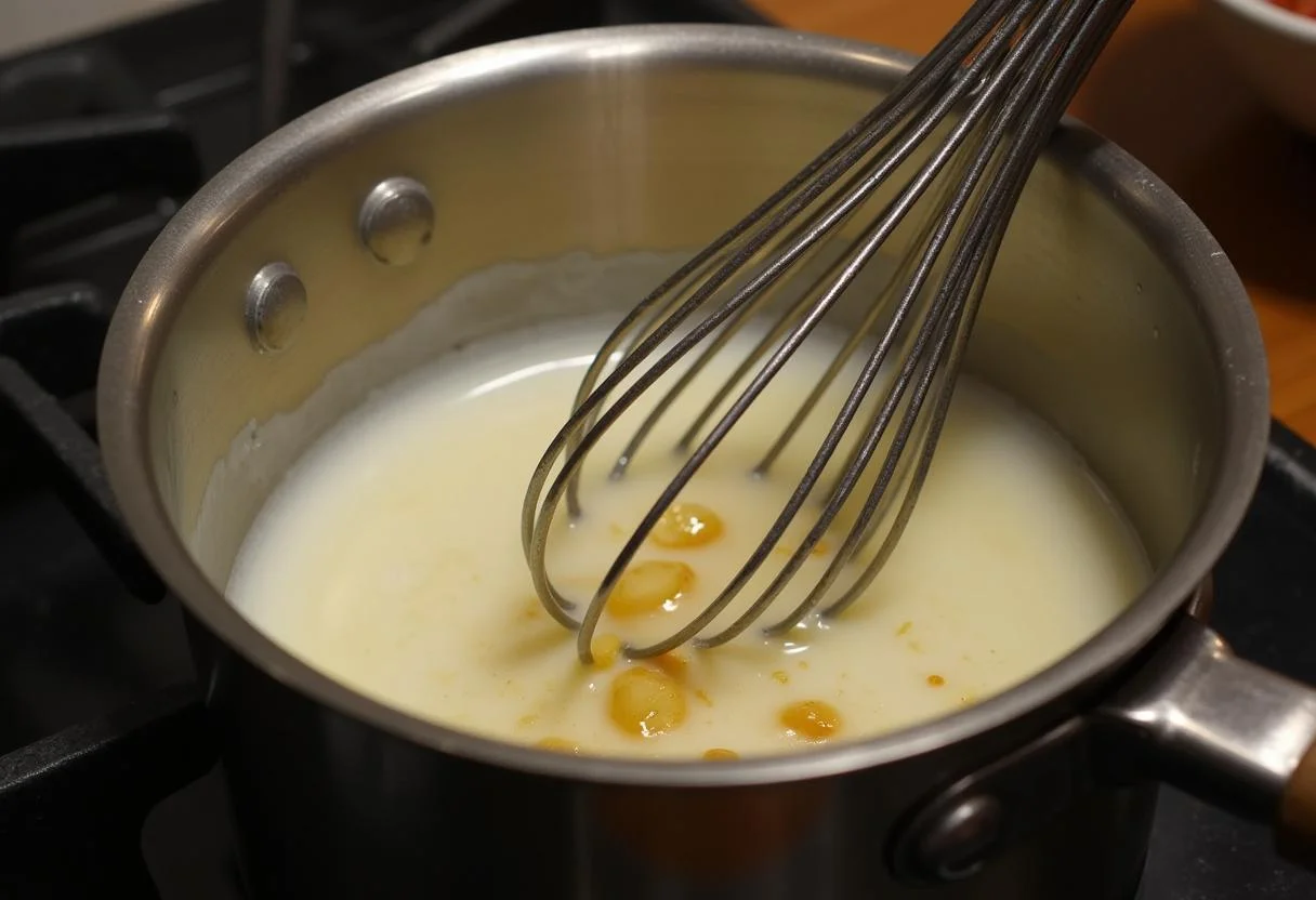 Heavy cream and garlic heating in a saucepan for Gratin de Pommes de Terre.