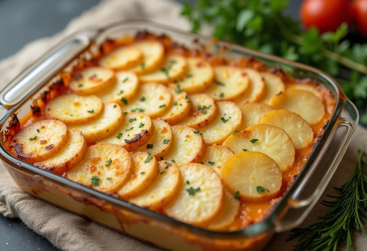 Layered potatoes and cheese in a baking dish for Gratin de Pommes de Terre.