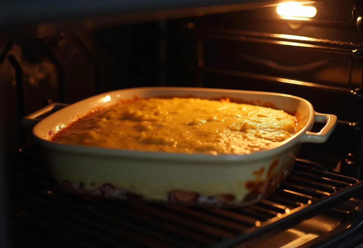 Baking dish of Gratin de Pommes de Terre being placed in the oven.