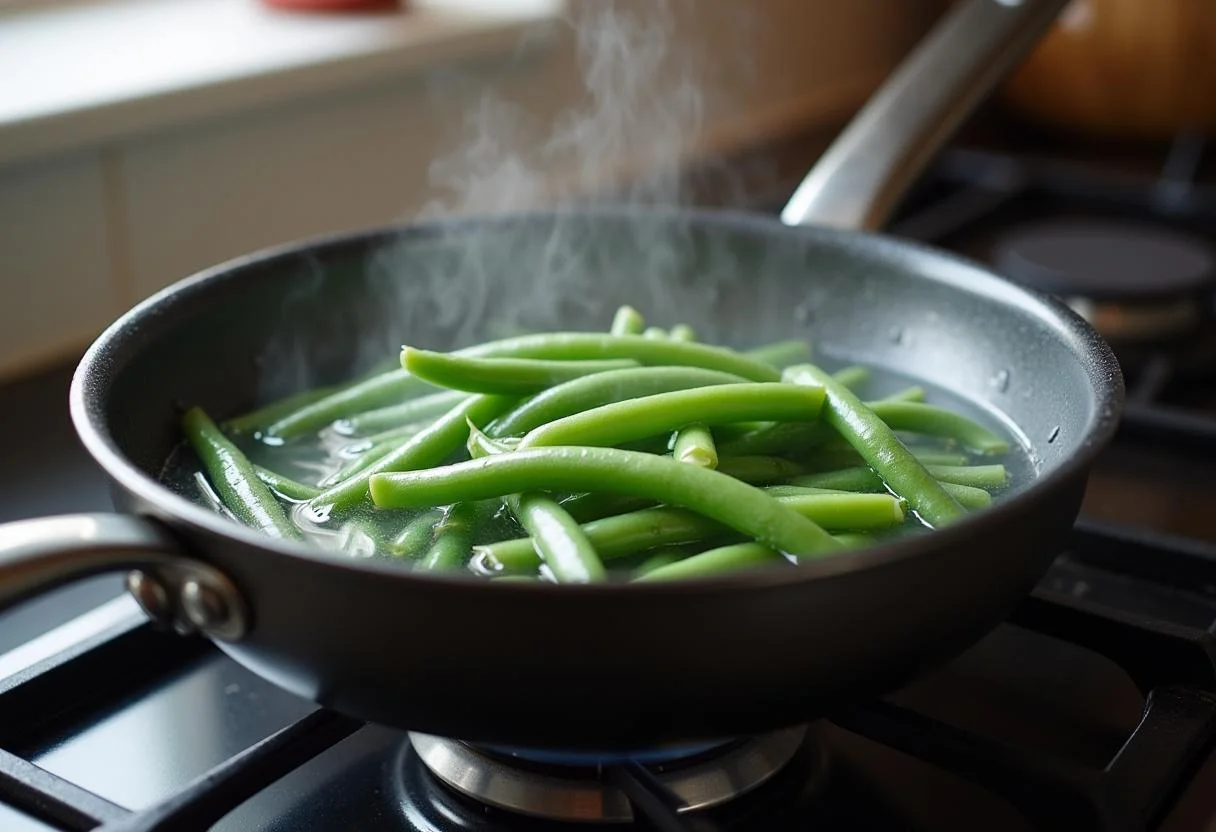 Blanchir des haricots verts frais dans de l'eau bouillante pour les Haricots Verts Ail et Persil.