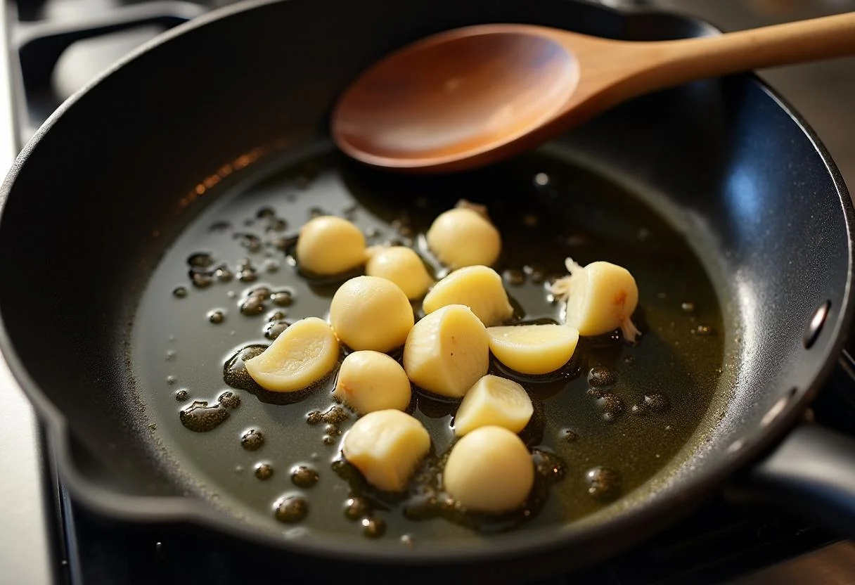 Faire sauter l'ail dans de l'huile d'olive pour la recette des Haricots Verts Ail et Persil.